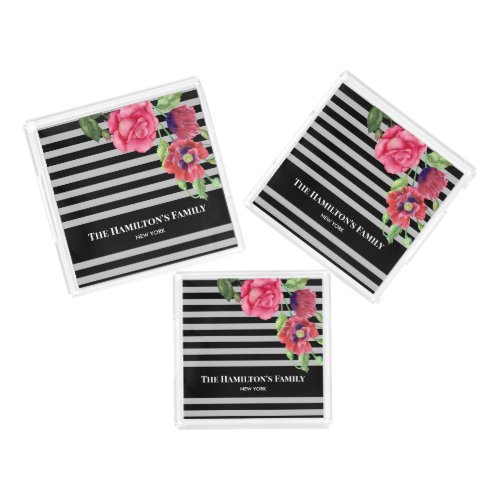Watercolor Red and Pink Flowers Black Gray Stripes Acrylic Tray