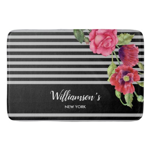 Watercolor Red and Pink Flowers Black Gray Stripes Bath Mat