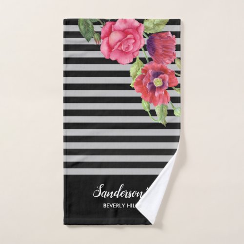 Watercolor Red and Pink Flowers Black Gray Stripes Bath Towel Set