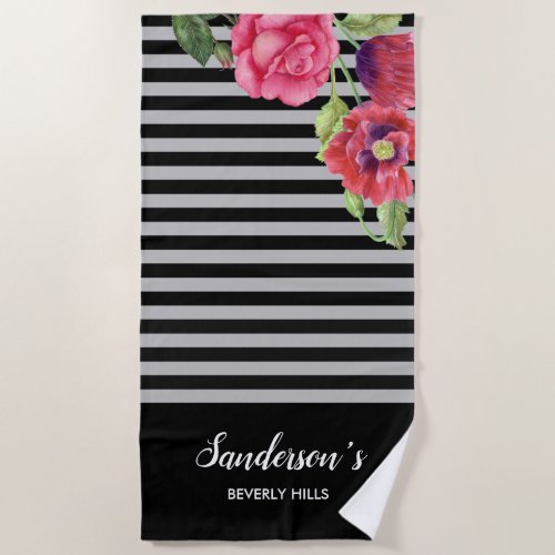 Watercolor Red and Pink Flowers Black Gray Stripes Beach Towel