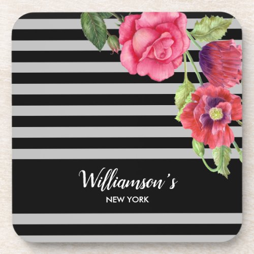 Watercolor Red and Pink Flowers Black Gray Stripes Beverage Coaster