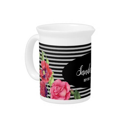 Watercolor Red and Pink Flowers Black Gray Stripes Beverage Pitcher
