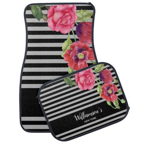 Watercolor Red and Pink Flowers Black Gray Stripes Car Floor Mat