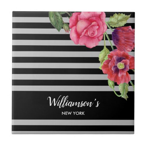 Watercolor Red and Pink Flowers Black Gray Stripes Ceramic Tile