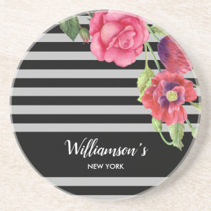 Watercolor Red and Pink Flowers Black Gray Stripes Coaster