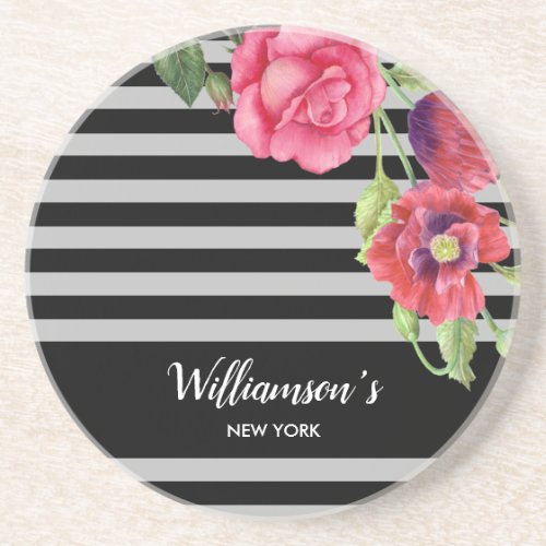 Watercolor Red and Pink Flowers Black Gray Stripes Coaster