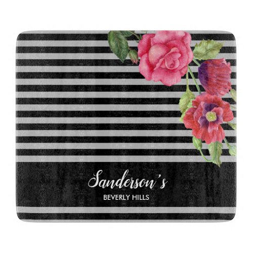 Watercolor Red and Pink Flowers Black Gray Stripes Cutting Board