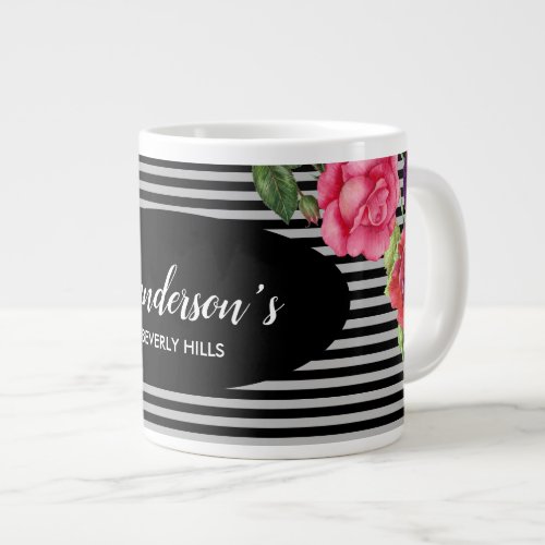 Watercolor Red and Pink Flowers Black Gray Stripes Giant Coffee Mug