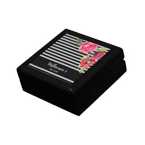 Watercolor Red and Pink Flowers Black Gray Stripes Gift Box