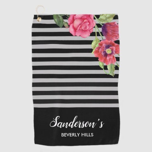 Watercolor Red and Pink Flowers Black Gray Stripes Golf Towel