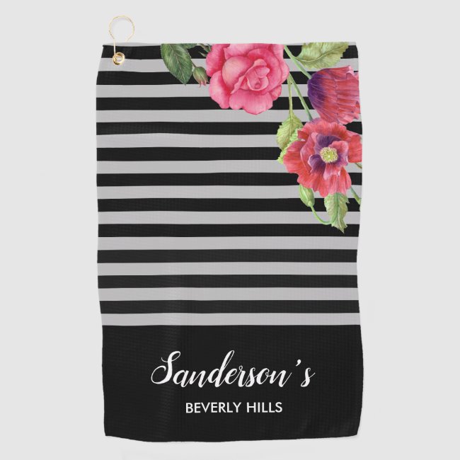 Watercolor Red and Pink Flowers Black Gray Stripes