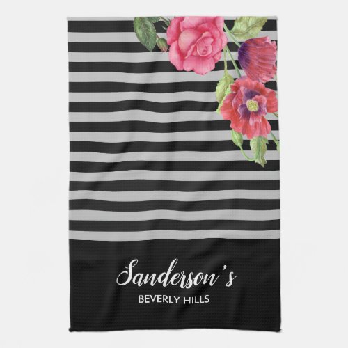 Watercolor Red and Pink Flowers Black Gray Stripes Kitchen Towel