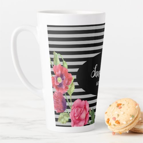 Watercolor Red and Pink Flowers Black Gray Stripes Latte Mug