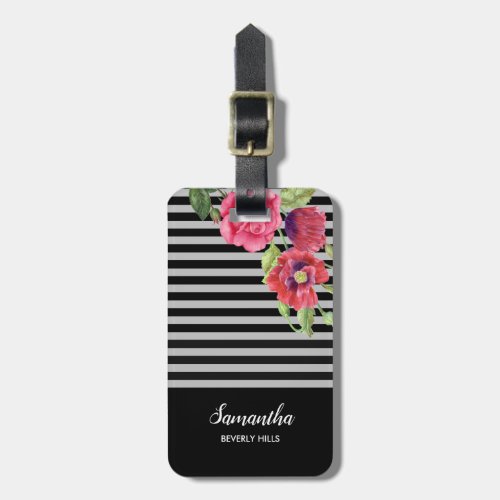 Watercolor Red and Pink Flowers Black Gray Stripes Luggage Tag