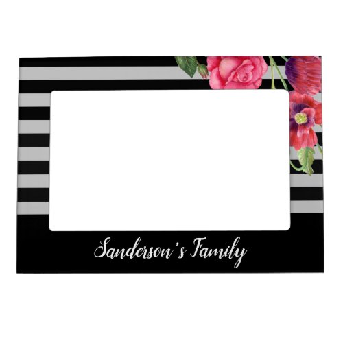 Watercolor Red and Pink Flowers Black Gray Stripes Magnetic Frame