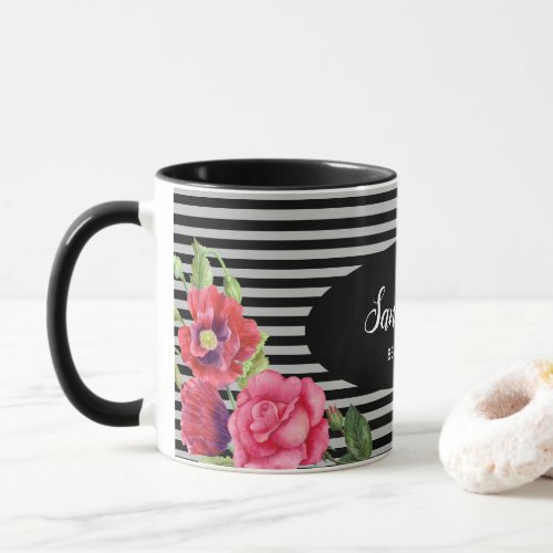 Watercolor Red and Pink Flowers Black Gray Stripes Mug
