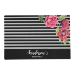 Watercolor Red And Pink Flowers Black Gray Stripes Placemat at Zazzle