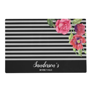 Watercolor Red and Pink Flowers Black Gray Stripes Placemat