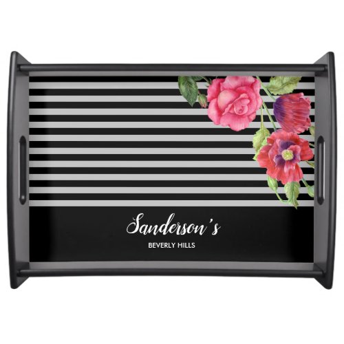 Watercolor Red and Pink Flowers Black Gray Stripes Serving Tray