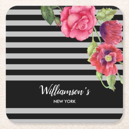 Watercolor Red and Pink Flowers Black Gray Stripes Square Paper Coaster