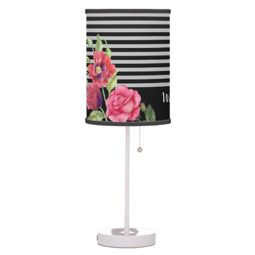 Watercolor Red and Pink Flowers Black Gray Stripes Table Lamp
