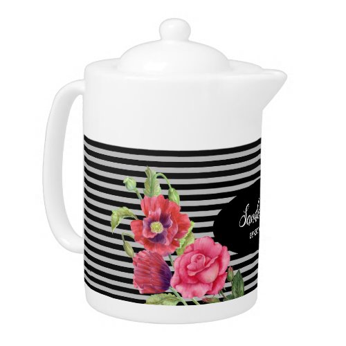 Watercolor Red and Pink Flowers Black Gray Stripes Teapot