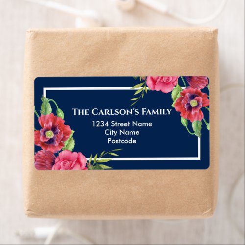 Watercolor Red and Pink Flowers Dark Navy Blue Bat Label