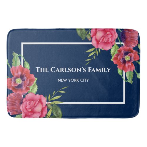 Watercolor Red and Pink Flowers Dark Navy Blue Bath Mat