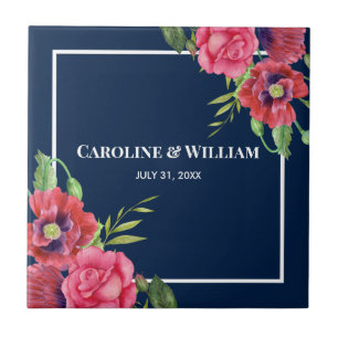 Watercolor Red and Pink Flowers Dark Navy Blue Ceramic Tile