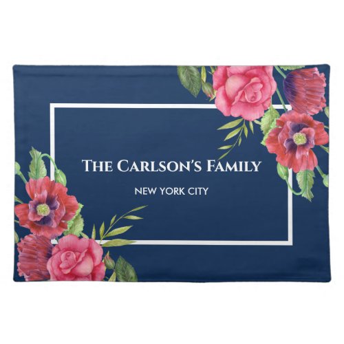 Watercolor Red and Pink Flowers Dark Navy Blue Cloth Placemat