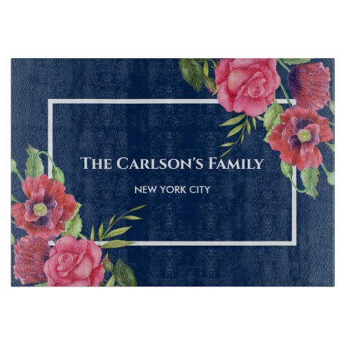 Watercolor Red and Pink Flowers Dark Navy Blue Cutting Board