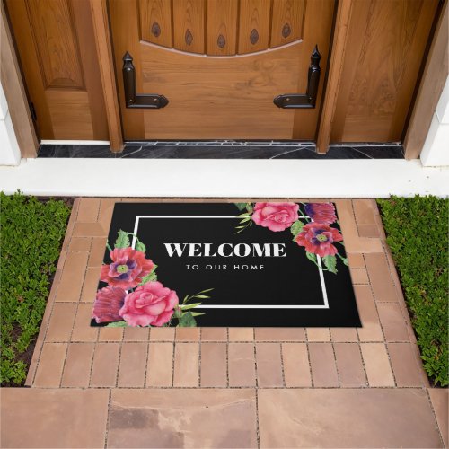 Watercolor Red and Pink Flowers Dark Navy Blue Doormat