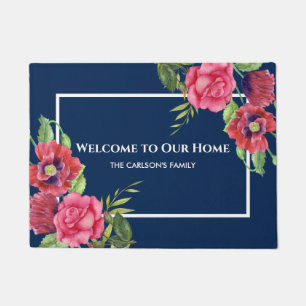 Watercolor Red and Pink Flowers Dark Navy Blue Doormat