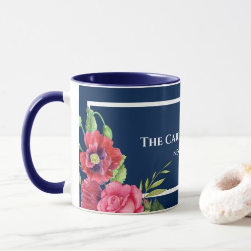 Watercolor Red and Pink Flowers Dark Navy Blue Mug