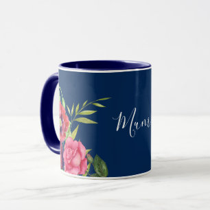 Watercolor Red and Pink Flowers Dark Navy Blue Mug