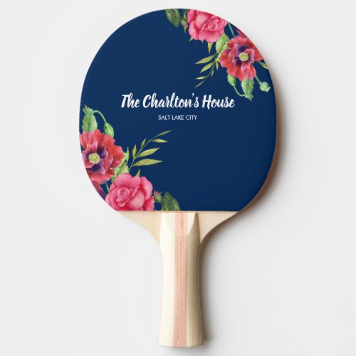 Watercolor Red and Pink Flowers Dark Navy Blue Ping Pong Paddle
