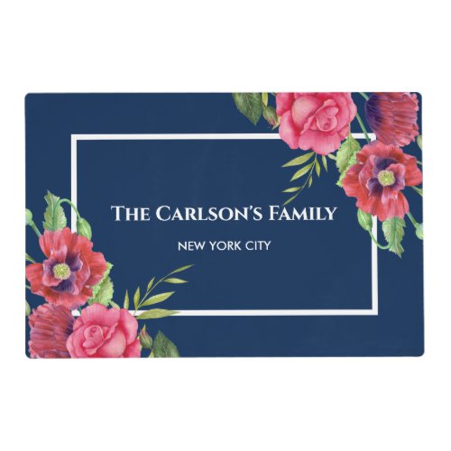 Watercolor Red and Pink Flowers Dark Navy Blue Placemat