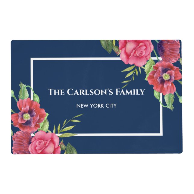 Watercolor Red and Pink Flowers Dark Navy Blue Placemat (Front)