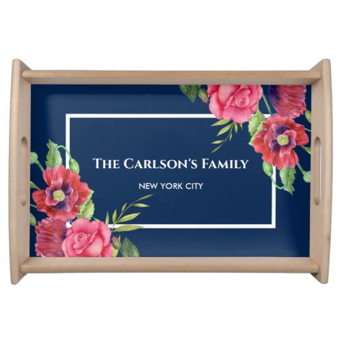 Watercolor Red and Pink Flowers Dark Navy Blue Serving Tray