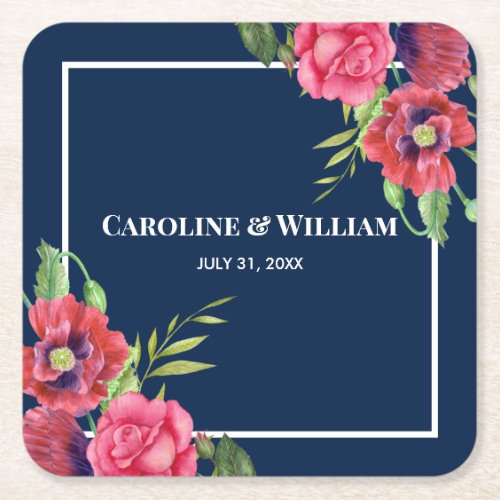 Watercolor Red and Pink Flowers Dark Navy Blue Square Paper Coaster