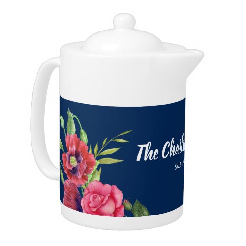Watercolor Red and Pink Flowers Dark Navy Blue Teapot