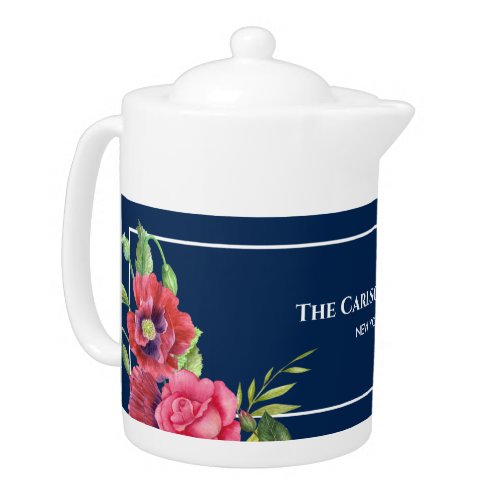 Watercolor Red and Pink Flowers Dark Navy Teapot