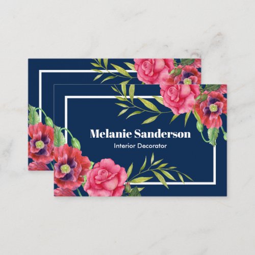 Watercolor Red and Pink Flowers on Dark Navy Blue Business Card