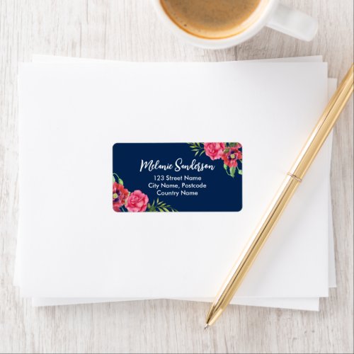 Watercolor Red and Pink Flowers on Dark Navy Blue Label