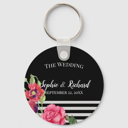 Watercolor Red and Pink Flowers Stripes Wedding Keychain