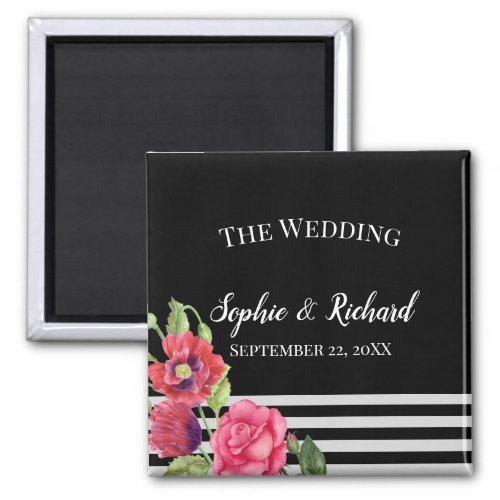 Watercolor Red and Pink Flowers Stripes Wedding Magnet