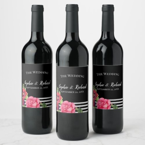 Watercolor Red and Pink Flowers Stripes Wedding Wine Label