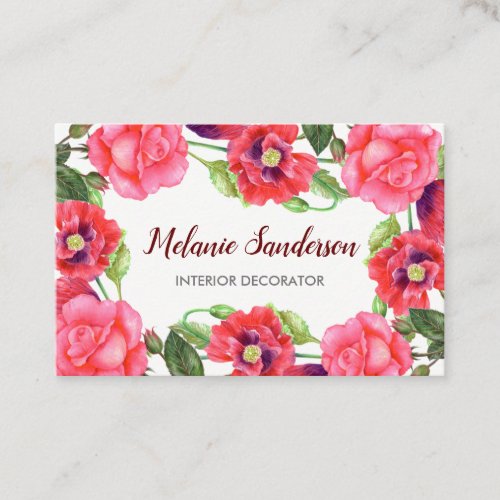 Watercolor Red and Pink Flowers Wreath Arrangement Business Card
