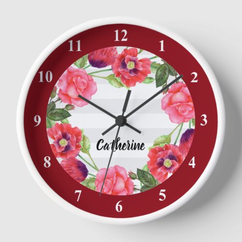 Watercolor Red and Pink Flowers Wreath Circle Clock