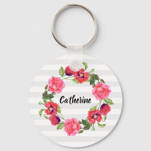 Watercolor Red and Pink Flowers Wreath Circle Keychain